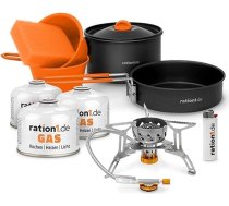 ration1 kempinga gāzes plīts komplekts - 7 gabali alumīnija katlu komplekts, 3 gāzes kasetnes, kempinga plīts, droša pārtikai, katli un trauki, šķiltavas, šķiltavas - kompakts āra un kempinga ēdiena gatavošanas komplekts