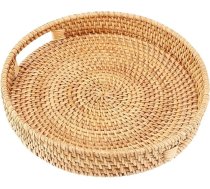 KOHAND 25 cm apaļš rotangpalmas servīzes paplātes, liela apaļa rotangpalmas paplāte ar rokturiem, dabiska galda organizatora paplāte, dekoratīvs austs grozs uzkodām, maizei, dzērieniem, brokastīm, svecēm