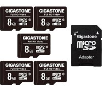 Gigastone 8GB atmiņas karte 5 iepakojumā, augsta lasīšanas ātruma līdz 80MB/s, ideāli piemērota portatīvajiem datoriem ar Full HD video, U1 C10 Micro SDHC UHS-I karte ar 2 mini vāciņiem un 1 SD adapteri