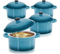com-four® 4 x kastrolis ar keramikas vāku, deserta trauks Crème Brûlée, mini kastrolis gaļas ragū un gaļas garšvielu pagatavošanai, zils, aptuveni 250/175 ml katrā veidnē (4 gab., zils)
