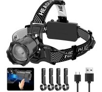 WholeFire LE Headlamp LED uzlādējams USB galvas lukturis Ļoti spilgts 10000LM 3 režīmi Uzlādējams galvas lukturis ar sensoru, IP65 ūdensnecaurlaidīgs tālummaiņas lukturis 90° leņķī, regulējams makšķerēšanai un skriešanai