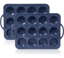 SUPER KITCHEN 2 kēksiņu veidņu silikona komplekts ar metāla pastiprinātu rāmi 12 kēksiņiem, standarta izmēra kēksiņu cepšanas silikona veidnes ar rokturi, nesadalāms kēksiņu paplātes silikons, BPA nesatur cupcake