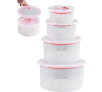 4 gab. mikroviļņu krāsns trauki: Mikroviļņu krāsns trauku komplekts ar vāku (400 ml, 800 ml, 1500 ml, 3000 ml), mikroviļņu krāsns trauku komplekts ar ventilāciju.