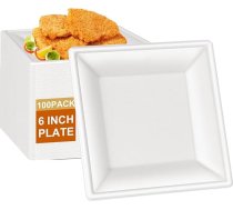 greensight Kvadrātveida cukurniedru cukurniedru šķīvji Vienreizlietojamie šķīvji - 16 cm iepakojumā 100 Bagasse papīra šķīvji Kvadrātveida balti mazi vienreizlietojamie organiskie ballīšu šķīvji Vienreizlietojamie organiskie trauki Vienr
