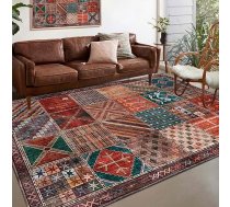 Paklājs-QJDDUP Liels dzīvojamās istabas paklājs, 200 x 300 cm, krāsains Patchwork Vintage dizains, sarkans, brūns, zaļš, rozā, oranžs raksts, dzīvojamās istabas paklājs, ar īsu pūru, mīksts, moderns, mazgājams, neslīdošs