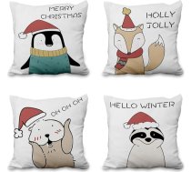 Aoihrraan 4 dekoratīvo Ziemassvētku dzīvnieku dekoratīvo spilvenu pārvalku komplekts Penguin Arctic Fox Seal Raccoon Cute White Decorative Cushion Cover Square Couch Cushion Decorative Cushion Sofa Children's Room Outdoor Couch 61 x 61 cm