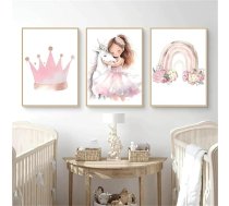 3 plakātu komplekts bērnu istabai, Rozā princese vienradzis, Dekoratīvie attēli, Bērnu istaba, Meitenes, Bērni, Dekoratīvie attēli, Bērnu istaba bez rāmja (50 x 70)