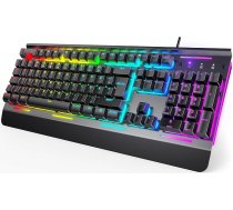 TECKNET RGB spēļu tastatūra datoram, membrānveida tastatūra ar 105 taustiņiem, pilnībā metalizēta, vadu tastatūra ar plaukstas balstu, 15 zonu RGB apgaismojums, datora tastatūra ar 25 pretgaisa taustiņiem