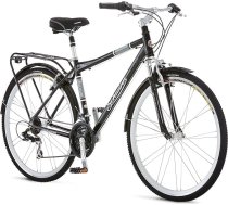 Schwinn Discover hibrīda velosipēds vīriešiem un sievietēm, ar alumīnija pilsētas rāmi, 21 ātruma pārnesumu, priekšējiem un aizmugurējiem dubļu aizsargiem, aizmugurējo bagāžnieku un statīvu, ar 700 c/28 collu riteņiem, melns un balts.