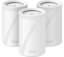 TP-Link Deco BE65 Wi-Fi 7 Mesh WLAN komplekts (3 iepakojums), trīsjoslu 5760 Mbit/s (6 GHz) + 2880 Mbit/s (5 GHz) + 574 Mbit/s (2,4 GHz), 6 plūsmas, 4 x 2,5G pieslēgvietu, 1 x USB 3.0