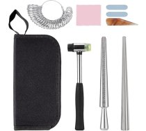 9 gabali Ring Sizer rīks Ring Sizer komplekts ar metāla gredzenu serdeņu Ring Sizer metāla stienis Gumijas āmurs Agāts skrāpējumiem Pulēšanas rīks Pulēšanas stieņi Pulēšanas auduma uzglabāšanas soma juvelierizstrādājumu izgatavošanai