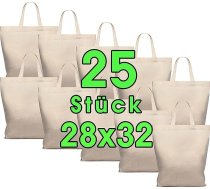 25 kokvilnas maisiņu iepakojums 28 x 32 cm - vidēja izmēra džutas maisiņš - dabīgs aptieciņu maisiņš, somiņa, dāvanu maisiņš, Oeko-Tex® testēta auduma maisiņš, bez apdrukas, ar īsiem rokturiem krāsošanai un apdrukai