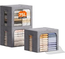 Lifewit 75L uzglabāšanas kaste ar vāku, drēbju uzglabāšanas kaste, salokāma drēbju glabātuve ar metāla rāmi, auduma kaste ar rokturiem un logu, uzglabāšanas skapis, 3 komplekti, gaiši pelēka krāsa