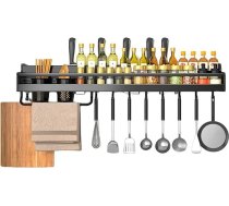 Ruiqas Spice Rack Virtuves plaukts Sienas metāla līmējošais piekaramais plaukts ar 2 trauku turētājiem 8 āķiem virtuves organizēšanai un uzglabāšanai