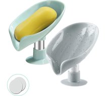 2 ziepju trauku komplekts ar noteces atveri, asmeņa forma, ziepju turētājs ar piesūcekni, viegli tīrāms, pašiztukšojošs, saglabā ziepes sausas, piemērots vannas istabai, dušai, virtuves izlietnei (zaļš + pelēks)
