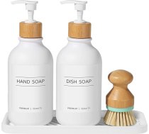 Gmisun roku un trauku ziepju dozatoru komplekts ar plauktu virtuves izlietnei, 500 ml roku mazgāšanas pudele vannas istabai ar bambusa sūkni un trauku birsti, lauku mājas losjona mazgāšanas līdzekļa dozators
