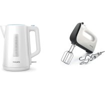 Philips sadzīves tehnika HD9318/00 Series 3000 tējkanna, 1,7 l, atsperu vāciņš, LED displejs, plastmasas, balta & HR3741/00 rokas mikseris (450 W, 5 ātrumi un Turbo), balts/melns