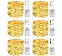 litogo Pack of 6 LED Fairy Lights baterijas ar tālvadības pulti, 10 m 100 LED baterijas ar taimeri, 8 režīmi, IP65 ūdensnecaurlaidīgas pasaku gaismas, āra silti balta stieple Ziemassvētkiem, iekštelpu āra dekorēšanai