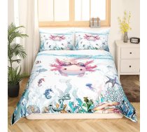 Bērnu Cute Axolotl gultas veļas komplekts 135 x 200 cm Cartoon Cute Salamander sega segu komplekts maziem bērniem zēniem zēniem meitenēm Kawaii Ocean Sealife reptiļu dzīvnieku gultas veļas gultas komplekts