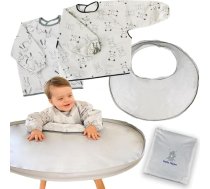 HELLO HIPPO® Biksīšu un mācību paplātes komplekts ar ūdensizturīgu pelēku rakstu bērnu augstajam krēslam - Biksītes + mācību paplāte ar piesūcekni - Biksītes ar piedurknēm barošanai, gleznošanai, zīmēšanai, ['Gray']
