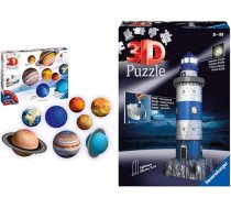 Ravensburger 11668 planētu sistēmas 3D puzle bērniem no 7 gadiem, 8 bumbiņas planētas kā saules sistēmas modelis ar plakātu, 12577 bāka naktī 3D puzle, 216 gabaliņi.