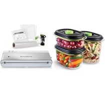 FoodSaver VS0100X kompakts pārtikas vakuumiepakotājs ar rokas vakuumiepakotāju | 3 x konservēšanas un marinēšanas vakuuma trauki | 1 rullis un 4 maisiņi | Sudraba ar baltiem akcentiem