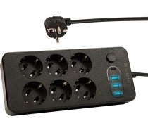 98-212# Tīkla pagarinātājs ps-650 6 ligzdu 3xusb 1xusb-c 5m melns 2x1mm