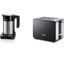 Bosch TWK7203 Bezvadu tējkanna, automātiskā izslēgšanās, 7 temperatūras iestatījumi, 1,7 L, 2200 W, melna & TAT7203 Bezvadu tosteris, atkausēšanas/šķaidīšanas funkcija, 1050 W, nerūsējošais tērauds/melns
