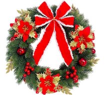 18" ziemas Ziemassvētku vainags Ziemassvētku rotājums ar sarkanu puansetiju, zelta lapām un ogām priekšējām durvīm vai logiem