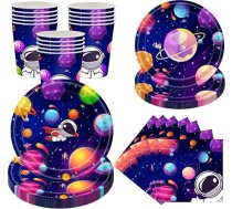 BlinBlin Astronautu tematiskās ballītes trauku komplekts, kosmosa ballītes piederumi, kosmonautu dzimšanas dienas ballītes trauki, papīra šķīvji, krūzes, salvetes, galda piederumi, galda dekorēšana, 24 viesiem