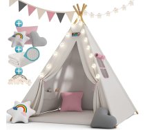 Spielwerk® Teepee telts bērniem iekštelpās 130 x 130 cm komplekts ar grīdas paklājiņu Bēšs rozā Bērnu telts Pasaku gaismas virtene Spilvenu spilvens Spēļu telts Kokvilnas koka soma