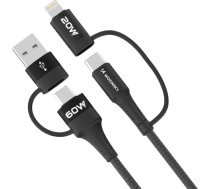 Universāls kabelis 4v1 2x USB-C 1x USB-A 1x Lightning 60W 1m melns