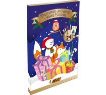 BIC 961512 Adventes kalendārs ar 24 pārsteigumiem: 6 burvju pildspalvas, 6 krāsojamie zīmuļi, 4 krītiņi, 1 līmes tūbiņa, 1 zīmuliņš, 1 gumija, 3 lodīšu pildspalvas, 24 pastkartes.
