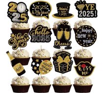 12 laimīgu Jauno gadu Cupcake Toppers, melns zelta spīdums 2023 Jaunais gads Cake Sign apdare Hello 2023 Cupcake Picks Jaungada vakars partija deserta apdare