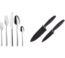 WMF Boston nerūsējošā tērauda galda piederumu komplekts 6 personām, galda piederumu komplekts 30 gabali, monobloka nažu komplekts 2 gab., virtuves nažu komplekts ar aizsargvāciņu, speciāls asmeņu tērauda nesadalāms pārklājums, melns