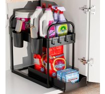 GEMWON Virtuves organizators, 2 līmeņu plaukts zem izlietnes ar 4 āķiem un 2 kausiem, izlietnes organizators, vannas istabas organizators, skapja organizators, organizatoru sistēma virtuvei, mājsaimniecībai un dzīvojamām telpām