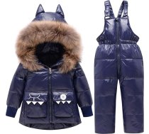 Amissz Bērnu zēni meitenes Snowsuit, toddler ziemas apģērbs komplekti Kids Hooded mākslīgās kažokādas leju jaka jaka un slēpošanas bikses bikses ar kapuci