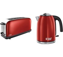 Russell Hobbs Colours+ tosteris ar garām ligzdām sarkans, īpaši plata 1 garas ligzdas kamera, 6 regulējami brūnēšanas līmeņi + atkausēšanas funkcija un tējkanna Colours+ sarkana, 1,7 l, 2400 W, optimizēts izsmidzinātājs