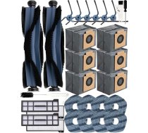 29 piederumu komplekts Eufy X10 Pro Omni robotizētajam putekļsūcējam, 2 rullīšu birstes, 6 sānu birstes, 6 putekļu maisiņi (ar aktivēto ogli), 4 HEPA filtri ar aktivēto ogli, 8 salvetes, 2 tīrīšanas līdzekļi.