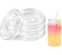 Joyclub 4 Pack Acrylic Lids for 16oz Glass Cups with Bamboo Lids and Straws, Reusable Iced Coffee Cup, Beer Cans, Drinking Glasses for Smoothie, Whiskey, Boba, Soda, Tea, Gift