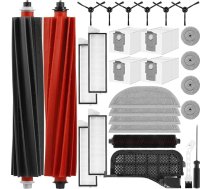 28 piederumu komplekts Roborock S8 MaxV Ultra robotizētajam putekļsūcējam, 2 galvenās birstes, 4 putekļu maisiņi, 4 salvetes, 4 sānu tīrītāji, 4 filtri, 6 sānu birstes, 1 tīrīšanas birste un ūdens filtra piederumi