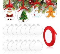 60 Ziemassvētku bumbiņu iepakojums caurspīdīgi akrila disku rotājumi, 10 cm apaļi akrila Ziemassvētku rotājumi, tukšas, plakanas, tukšas bumbiņas ar caurumiem un sarkanu lenti Ziemassvētku eglīšu svētku rotājumu iekāršanai