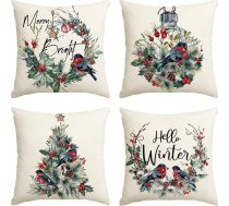 Artoid Mode Tree Birds Holly Pine Cones Ziemassvētku spilvenu pārvalki Komplekts no 4 40 x 40 cm Hello Winter Dekoratīvs spilvenu pārvalks Couch Decoration