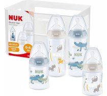 NUK First Choice+ zīdaiņu pudeļu sākumkomplekts, 0-6 mēneši, 4 pudeles ar temperatūras regulēšanas funkciju un pudeļu kastīti, Anti-Colic Air sistēma, nesatur BPA, 5 gabali, zils krokodils