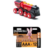 BRIO World 33592 Sarkanā Lola elektriskā lokomotīve - akumulatora lokomotīve ar gaismu un skaņu - rotaļlieta maziem bērniem, ieteicama no 3 gadu vecuma + Duracell Plus AAA sārmu baterijas, 12 gab. iepakojumā