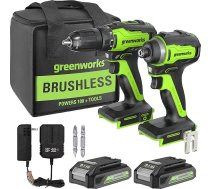 Greenworks GD24DD35K2 Akumulatora urbjmašīna un GD24ID200 Triecienatslēga Plus 2 x 24 V 2Ah akumulatori un lādētājs