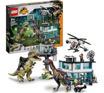 LEGO 76949 Jurasas pasaules giganozaura un terizinosaura uzbrukuma komplekts ar rotaļu helikopteru, garāžu, rotaļu mašīnu un 2 dinozauru figūriņām, dāvana Jurasas parka sērijas faniem