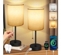 AmazeFun Nakts lampu komplekts, galda lampa ar USB A+Type-C savienojumiem, ligzdas, 2 LED spuldzes, 3 krāsu temperatūras, metāla pamatne, lina abažūrs, neliela lampa guļamistabai, viesistabai, bērnu istabai