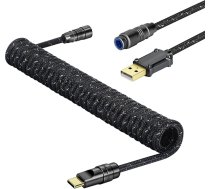 MAMBASNAKE C05 Custom Coiled Aviator USB C kabelis spēļu klaviatūrai, neilona pinums, no USB-A uz USB-C, spirālveida mehāniskās klaviatūras kabelis ar dubultiem piedurknēm, noņemams CNC aviācijas spraudnis, 4,92 ft - melns