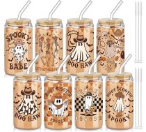 RimCereal Halloween dzeršanas ballīšu glāzes, 16oz spoku ziedu stikla krūzes ar vāku un salmiņu, biedējošas bundžas, alus glāze, galvaskauss sikspārnis, Mason Jar, stikla krūze Halloween, ballīte,